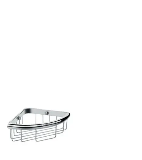 Hansgrohe Seifenkorb mit dreieckiger Form und offenem Gitterdesign, gefertigt aus verchromtem Material. Befestigungselemente sichtbar.